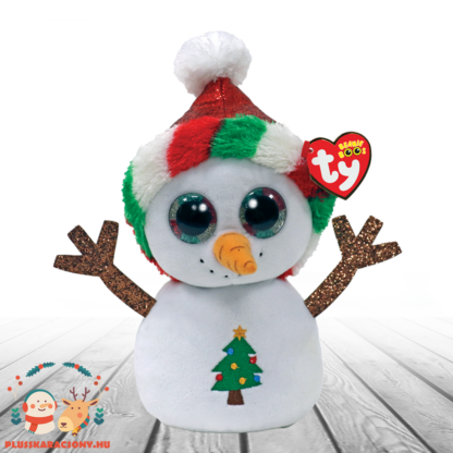 Ty Beanie Boos: Misty, a karácsonyi csillogó szemű plüss hóember, karácsonyfa mintával (15 cm)