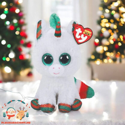 TY Beanie Boos: Snowfall, a fehér karácsonyi csillogó szemű plüss unikornis az asztalon (15 cm)